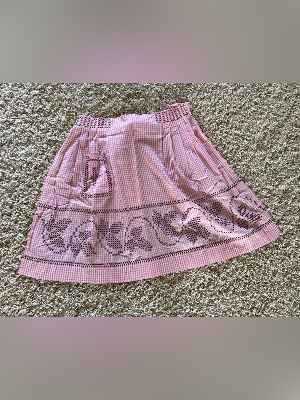 Vintage Pink & White Gingham Apron with Hand-Stitched Floral Embroidery